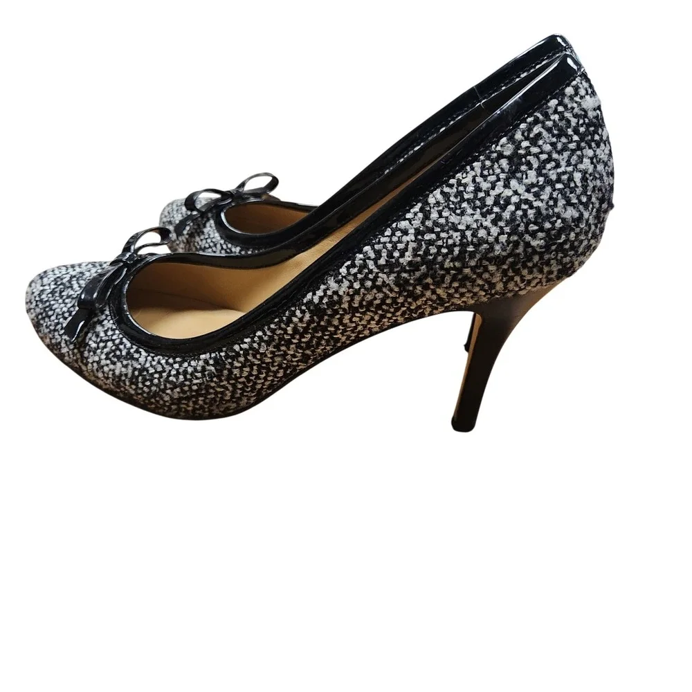 Talbots Black White Tweed Bow Pumps Heels Leather Sole Size 9M Womens Dress Shoe
